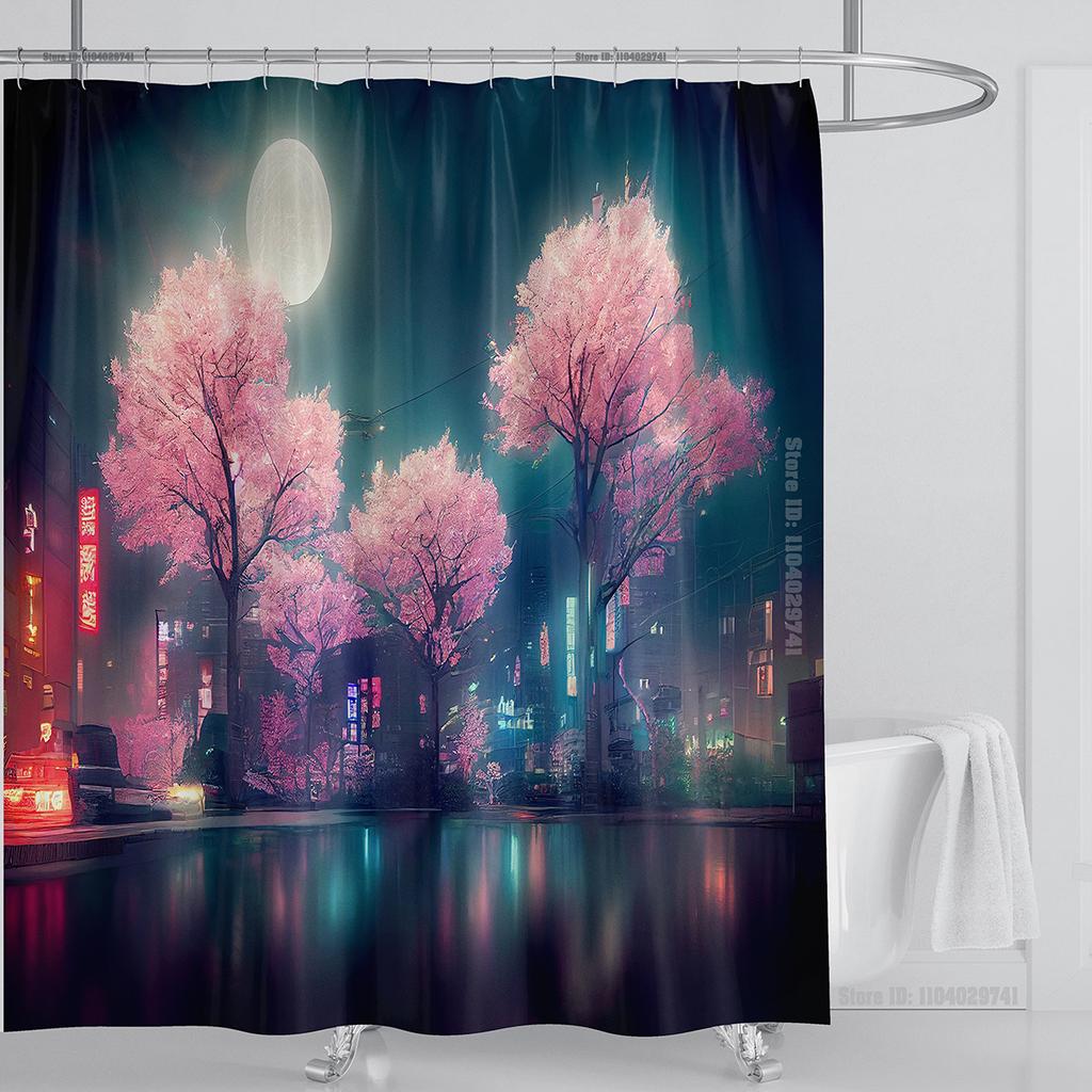 Illustration Japanese Chinese Style Art Print Polyester Washable Waterproof Shower Curtain Bathroom Decoration Bathtub With Hook