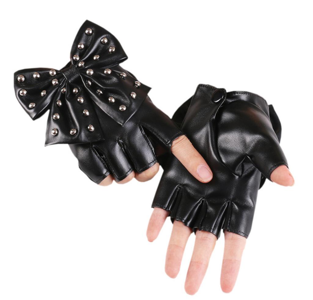 Women Bowknot Rivet Half Finger Gloves PU Leather Gloves For Nightclub Hiphop Dancing Wear And Stage Performances
