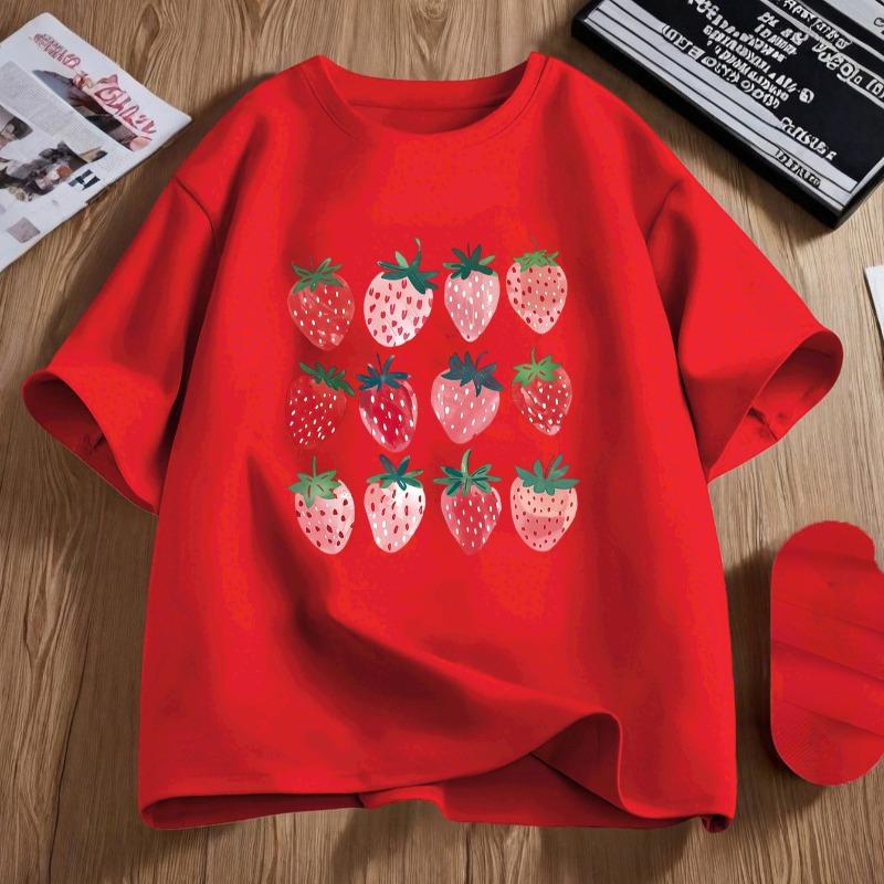 Kids Summer Crew Neck Short Sleeve T-Shirt with Strawberry Graphic Print
