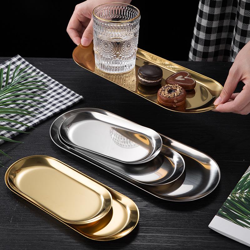 Nordic Korean Style Stainless Steel Oval Tray for Desserts, Jewelry, Towels - Small Gold Plate