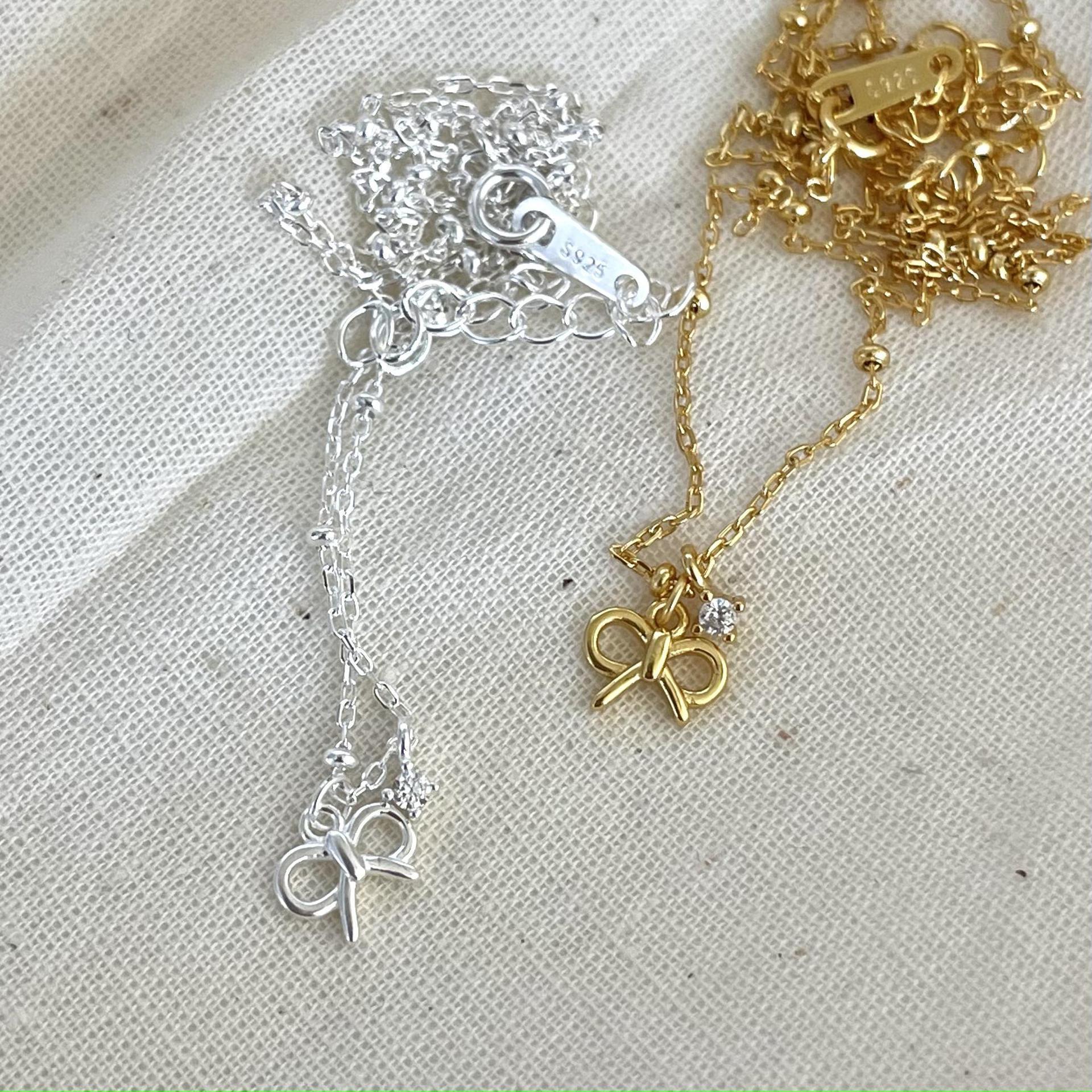 18K Gold-Plated S925 Sterling Silver Bow Necklace - Elegant, Retro, Minimalist Design Silver