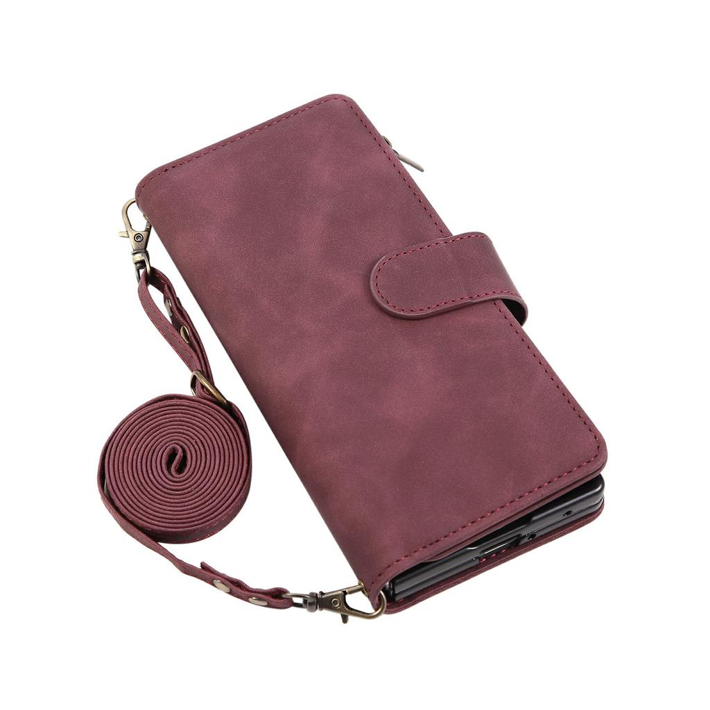 For Samsung Galaxy Z Fold7 5G Case Zipper Wallet Leather Phone Cover with Shoulder Strap