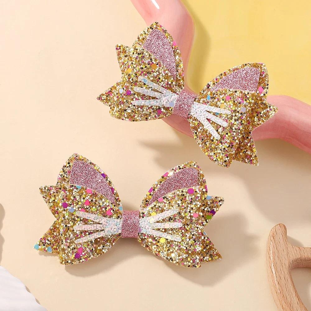 2Pcs/set Cute Gold Cat Hair Clips Glitter Cat Ear Hairpin for Baby Girl Cartoon Animals Barrettes Headwear Hair Accessories
