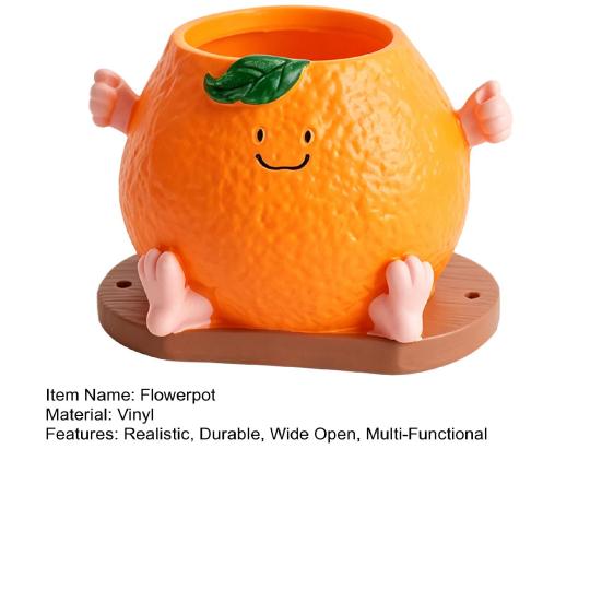 Cute Smiling Orange Succulents Planter, Realistic Orange Shaped Pot with Wooden Base, Kawaii Desktop Decor for Office Desk, Indoor Small Plant Pot
