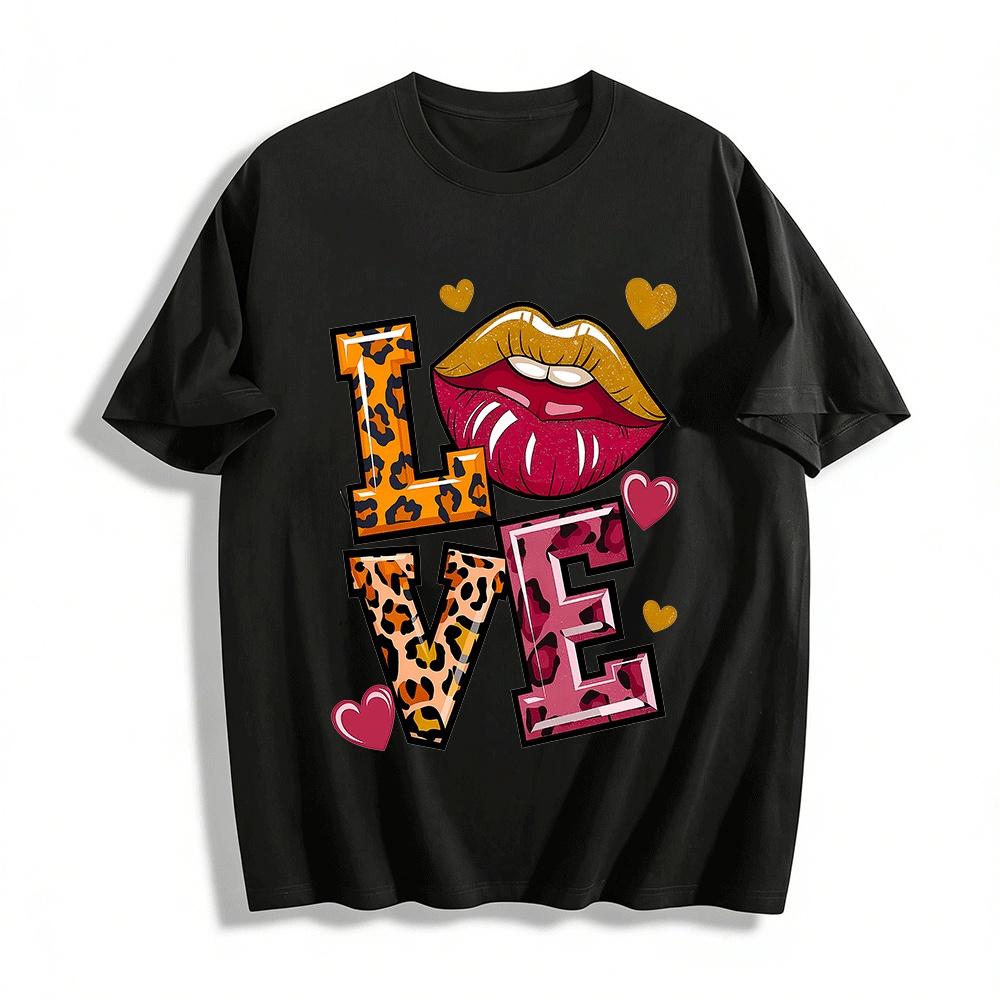 Retro Leopard Print LOVE Lip Graphic Casual Short Sleeve Top Pure cotton T-shirt XXS