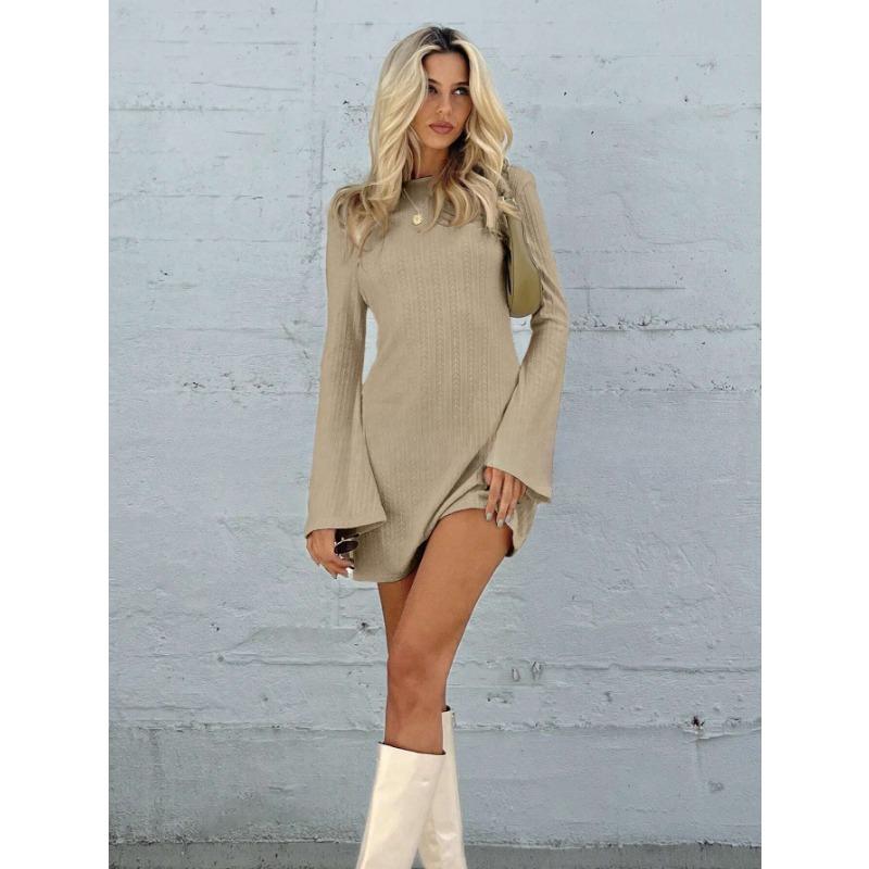 Women's Fashion Spring Autumn Solid Color Print Long Sleeve O-Neck High Waist Casual Dresses