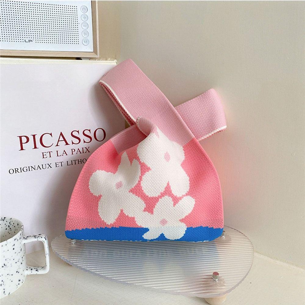 Reusable Mini Shoulder Bag Women Girls Casual Color Knot Wrist Bag Handmade Tote Bag Knit Handbag