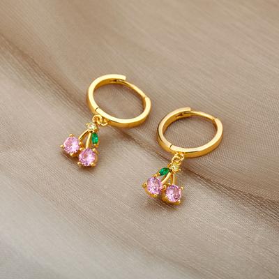 Kristall Frucht Kirsch Hängeohrringe für Damen Edelstahl Rosa Kirsch Ohrring Femme Fee Mode Boho Schmuck Geschenk