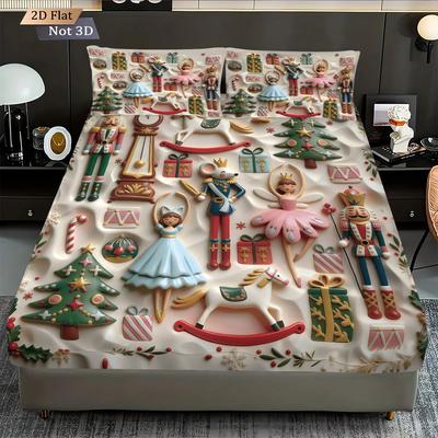 3pcs Imitation Relief Christmas The Nutcracker Print Coreless Bed Sheet Set Multi Size Bed Cover Bedroom Bedding Decoration