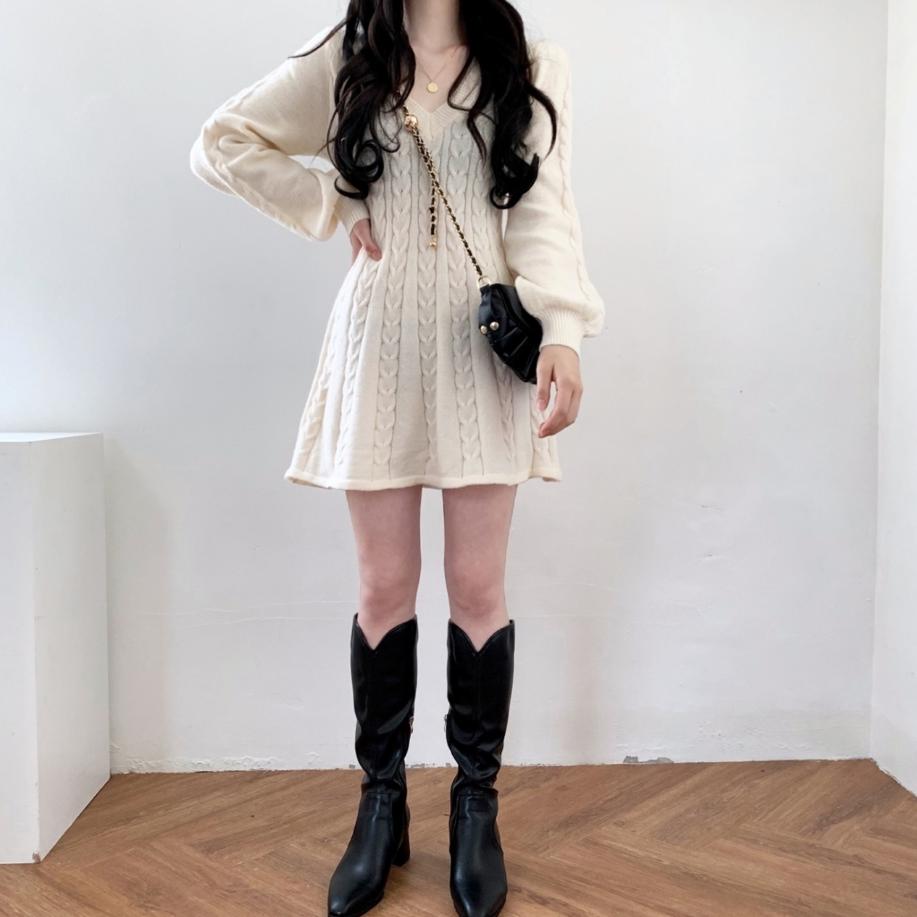 Πλεκτό Πλεκτό Πουλόβερ Μίνι Φόρεμα Γυναικεία Casual Φανάρι Κοντά Φορέματα Φθινοπωρινό Χειμώνα Γυναικεία με λαιμόκοψη