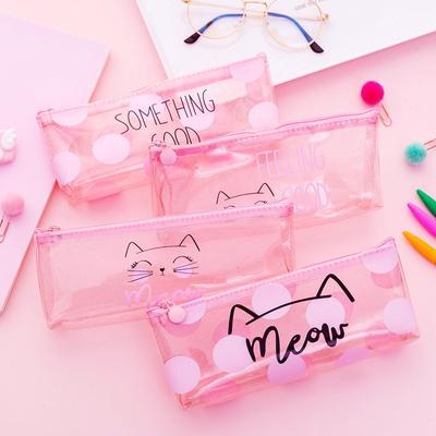 Cute Kawaii Pink Cat Pencil Case Stationery Gift Large Pencil Bag Transparent Pen Bag School Supplies Tools