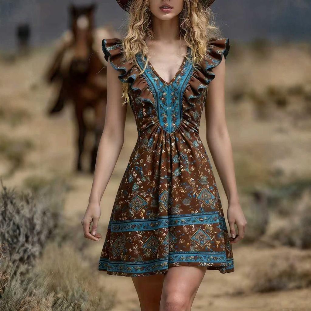 Women's Dress Casual Flowy Dresses  V-neck Vocation Boho Beach Sundress