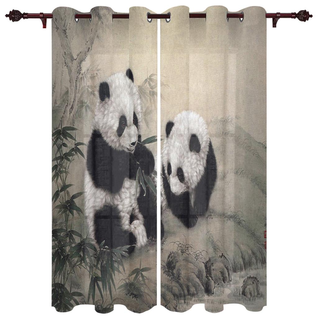 Animal Cute Panda Bamboo Window Curtains Bedroom Kitchen Decor Curtain Panel Window Curtains for Living Room