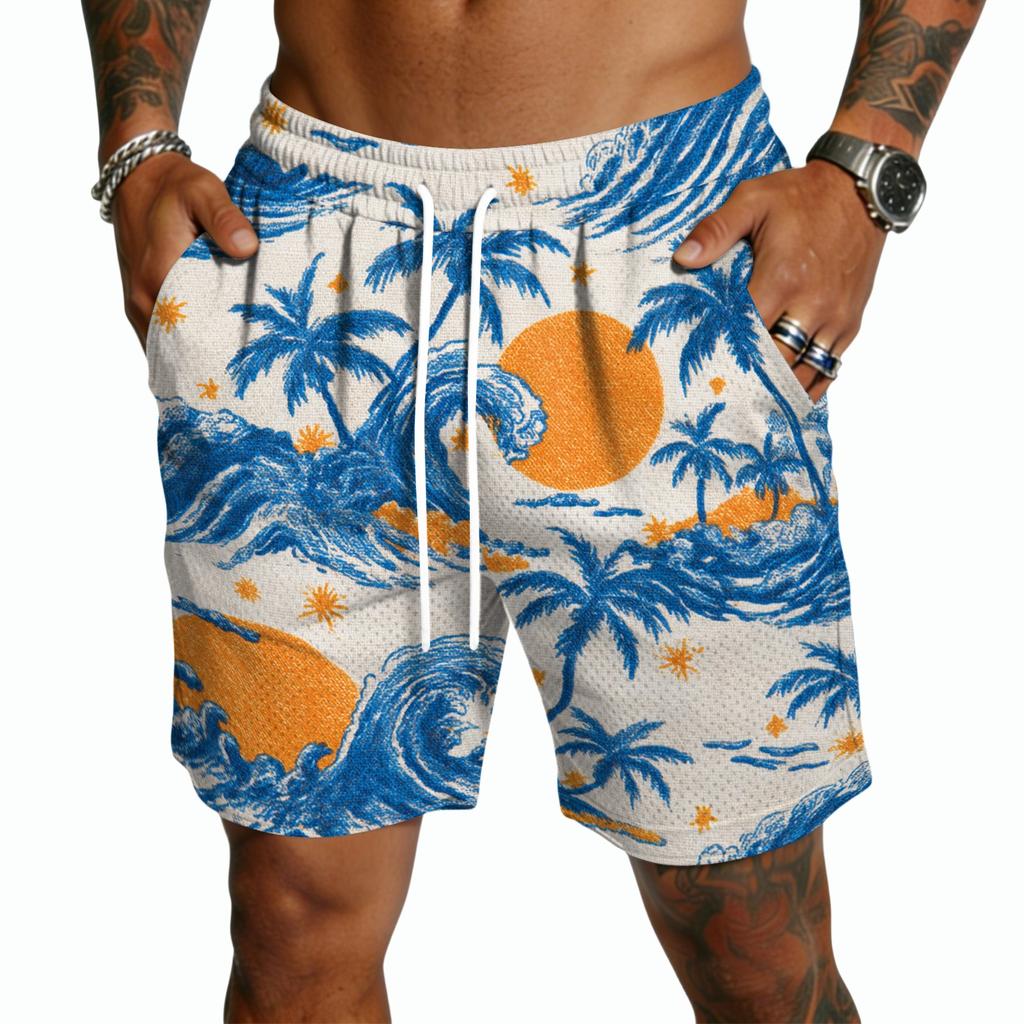 Men Drawstring Waist Casual Shorts Lightweight Quick Dry Five Inch Inseam Shorts with Hawaiian Print for Outdoor and Wear