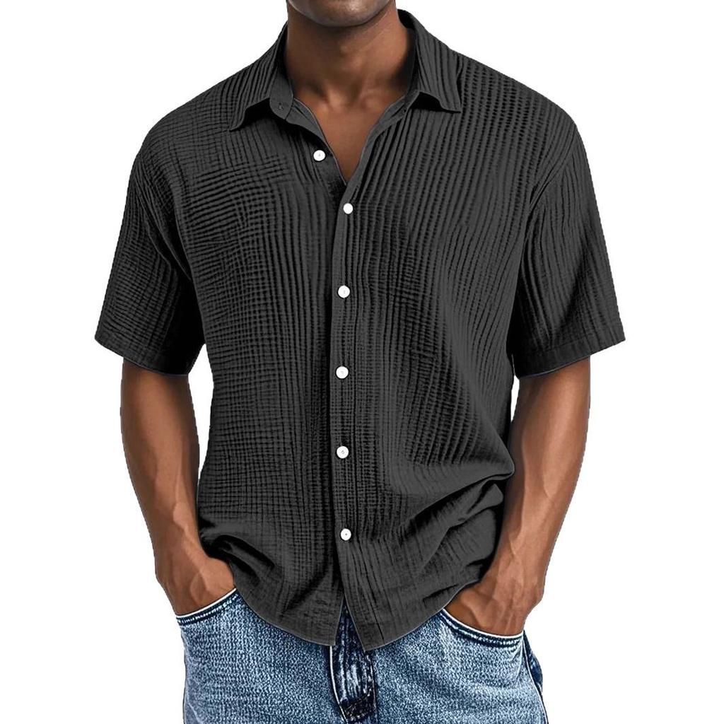 Men Light Blue Short Sleeve Button Down Shirt Casual Striped Linen Look Shirt