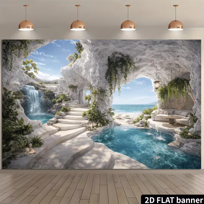 

2D Flat Printing Cave Pool Backdrop, Ocean & Waterfall Party Background 47.2x31.5inch/120*80cm