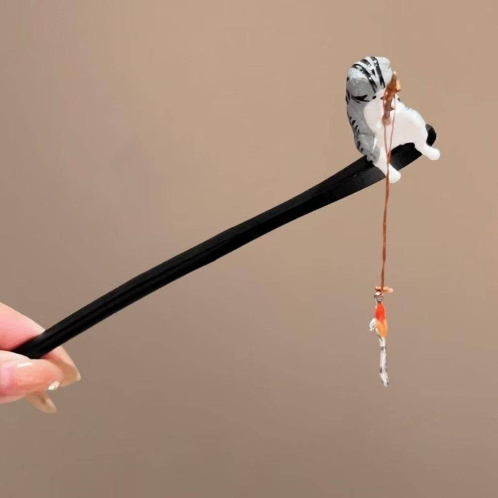 

Black Sandalwood Cat Fishing Hair Stick Chinese Style Tassel Wooden Hair Stick Hanfu Headwear Hair Sticks for Buns Hanfu Hairpin сірий