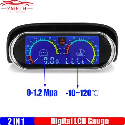 ZMFJH Digital LCD Gauge 2IN1 Dual Oil Pressure Gauge+Water Temperature Gauge with Sensor 10mm Flashing Alarm for Auto Car Truck