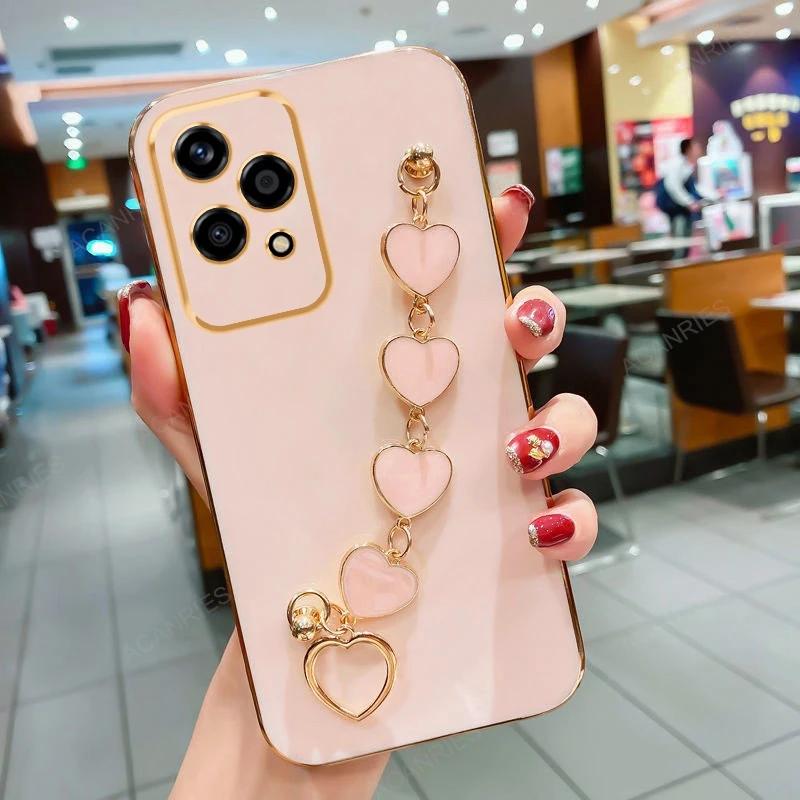 

Чехол для Reno 13 13F Love Heart Bracelet Chain Plating Silicone Case для OPPO Reno 13 12F 11 10 Pro Защитный мягкий чехол для объектива For Reno 12F розовый