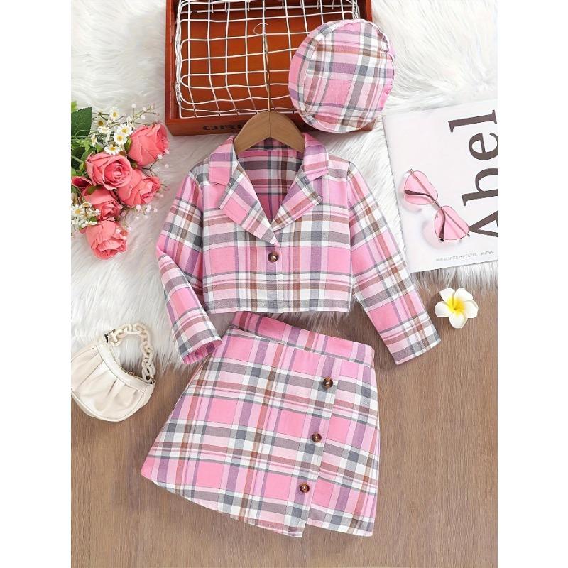 

Комплект из 3 предметов в клетку, берет и кардиган с длинными рукавами, клетчатый жакет, клетчатый комплект юбки с застежкой на пуговицы спереди 9-10Y