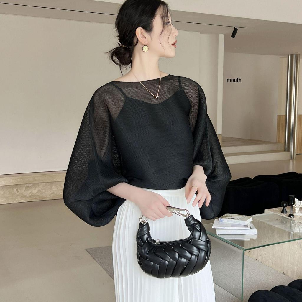 Early Spring High-End Pleated Batwing Sleeve Mesh Top - Japanese Korean Casual Sweet Style