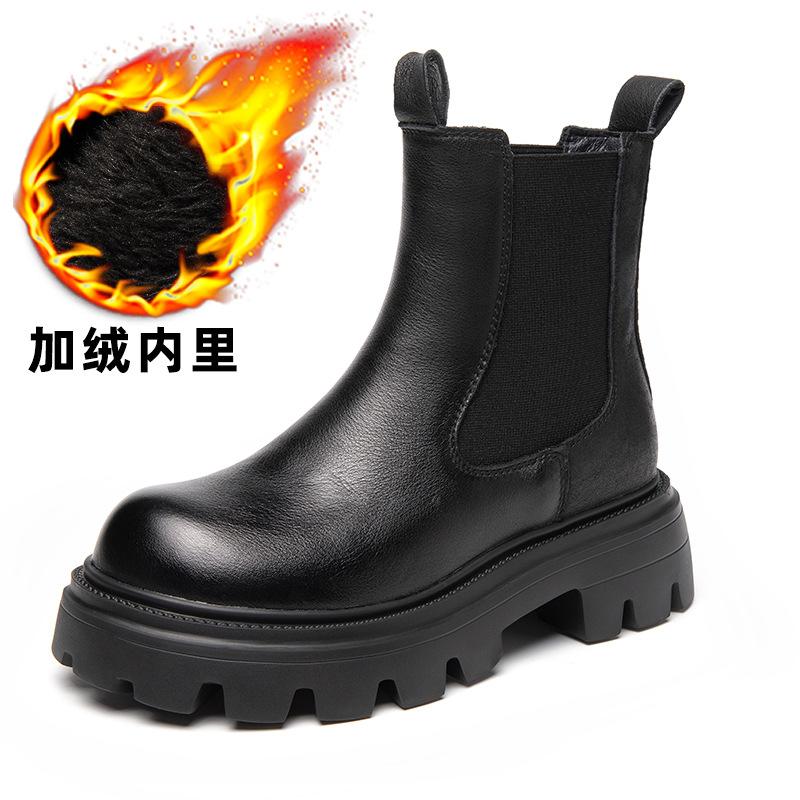 Thick-soled leather Martin boots women's 2025 autumn and winter new small height-increasing short boots velvet cigarette boots fashion single boots