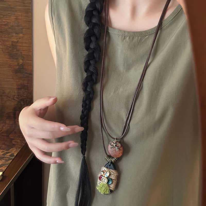 Boho Wooden Beaded Long Necklace Collar Decoration Female Jewelry Neck Accessories Ethnic Style Handmade Pendant Sweater Chain