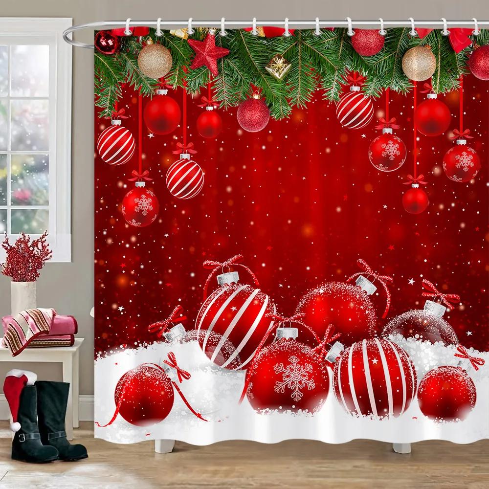 Christmas Theme Shower Curtain Winter Snow Christmas Tree Deer Rustic Wooden Panel Fabric Washable Shower Curtain Bathroom Decor