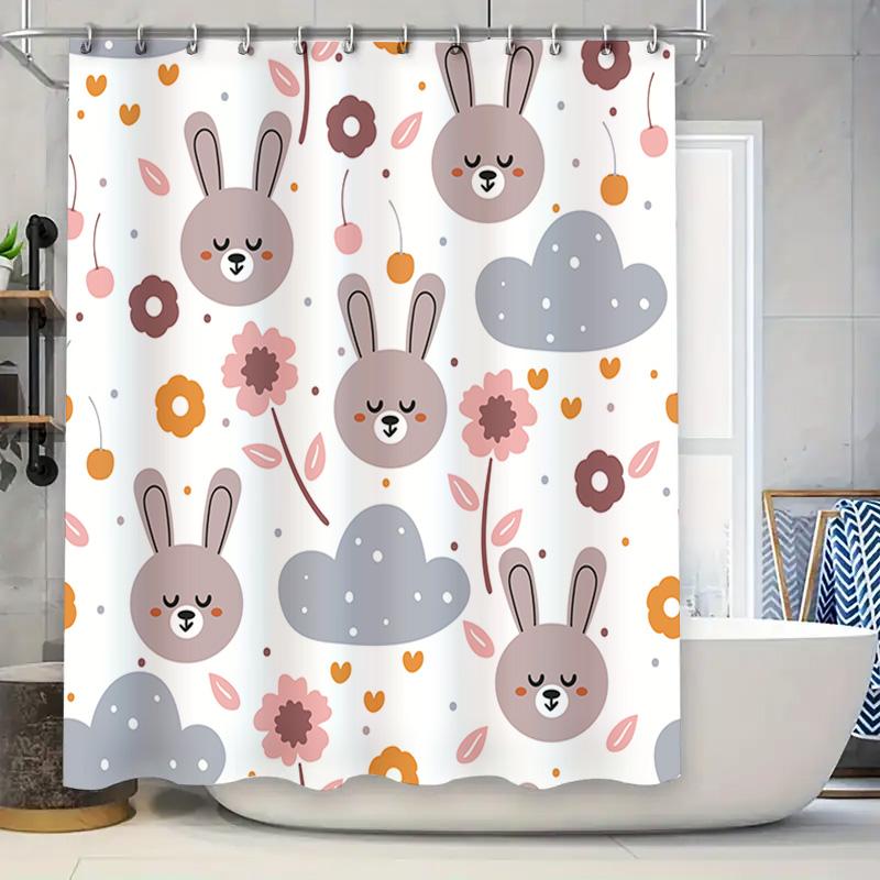 

Adorable Shower Curtain With Sweet Bunnies Pink Floral Clouds Design For Bathroom Decor Modern Home Decoration In White Color Si W60H190(CM)-1 Pcs
