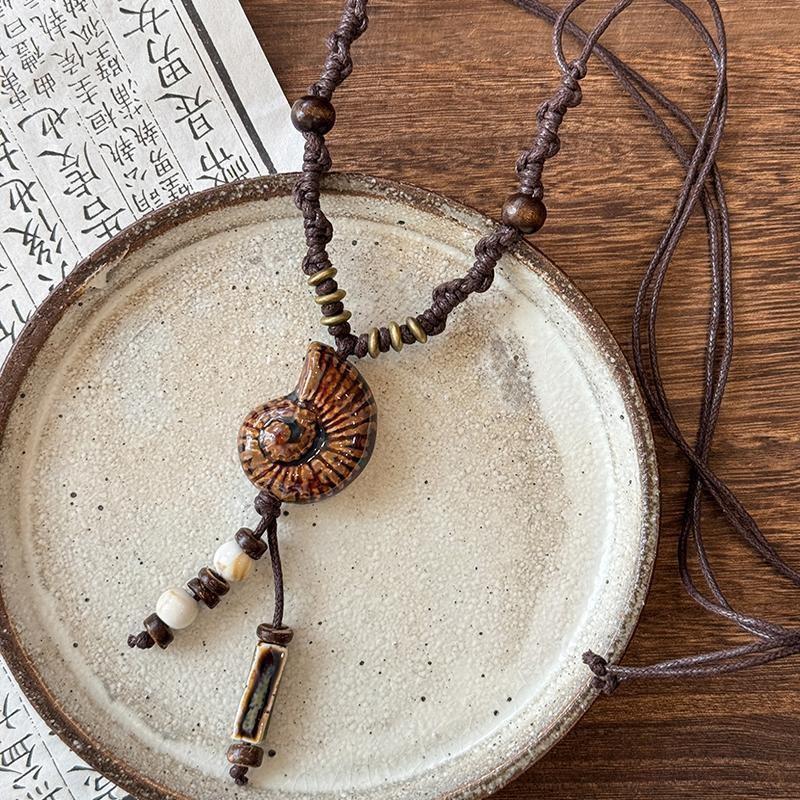 New Chinese ethnic style retro bohemian Jingdezhen ceramic braided rope necklace high-end female Zen accessories