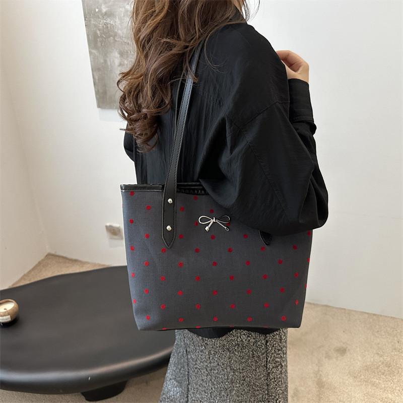 Stylish Black Polka Dot Bow Tote Bag For Women 2024 Large Capacity Casual Shoulder Handbag