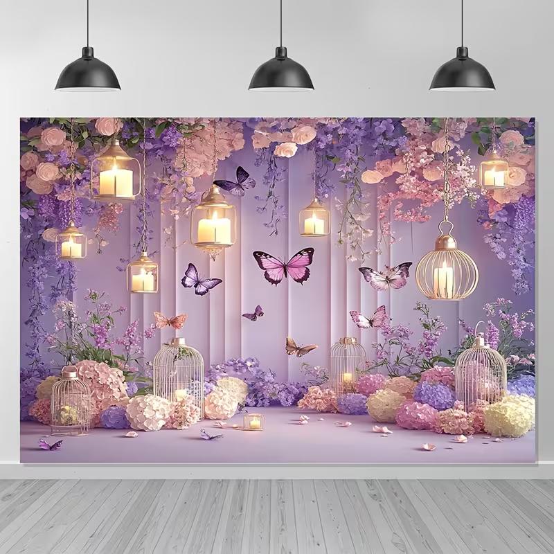 2D Dreamy Purple Floral Backdrop, Lantern & Hydrangea Banner, Girls Birthday Party Decor