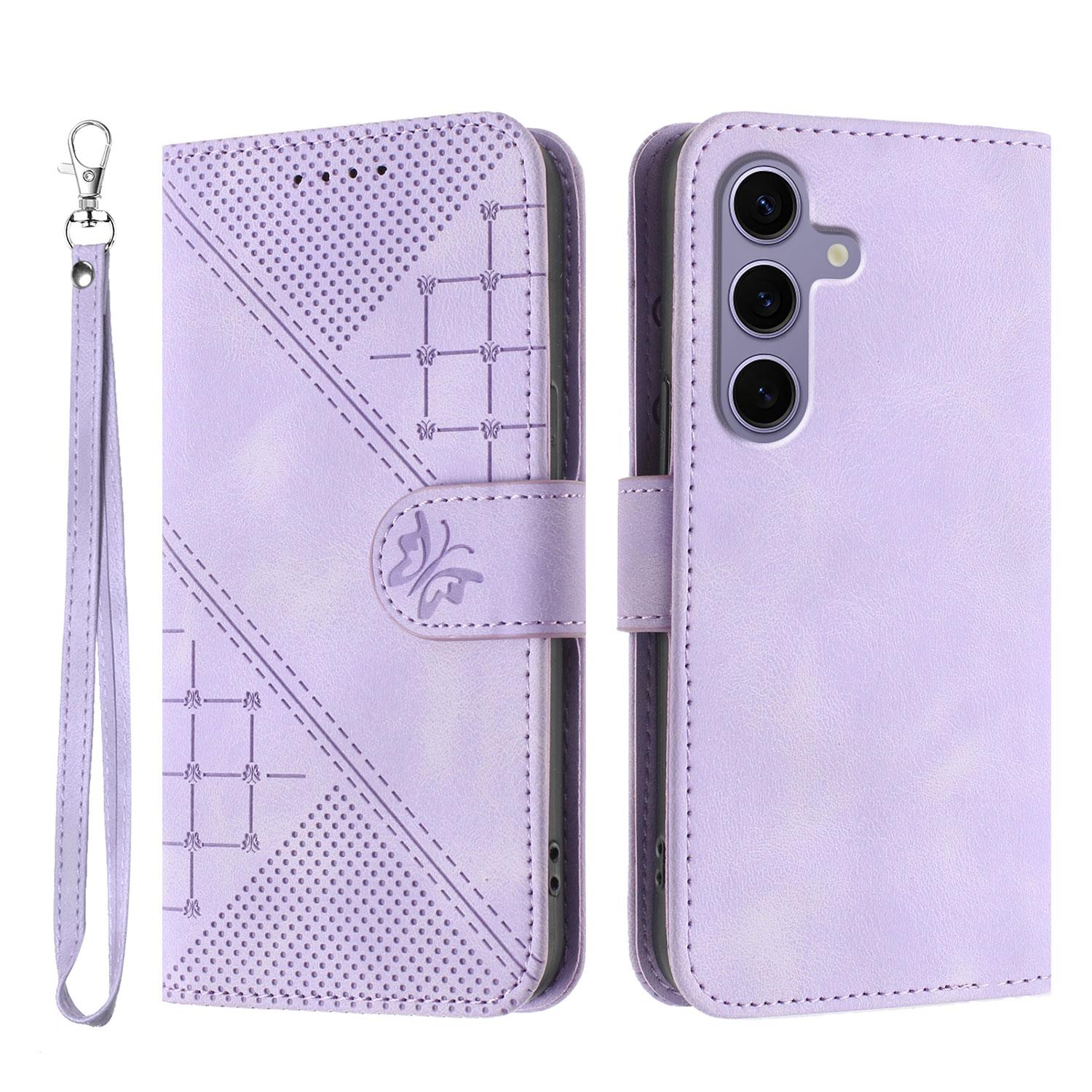 

For Samsung Galaxy S24/Galaxy S25 Leather Wallet Case Butterfly Flower Imprinted Phone Cover with Strap Purple