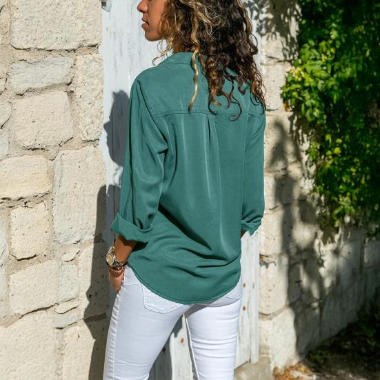 Women Shirt Lapel Long Sleeve Buttons Placket Shirt Tops with Pockets Pure Color Regular
