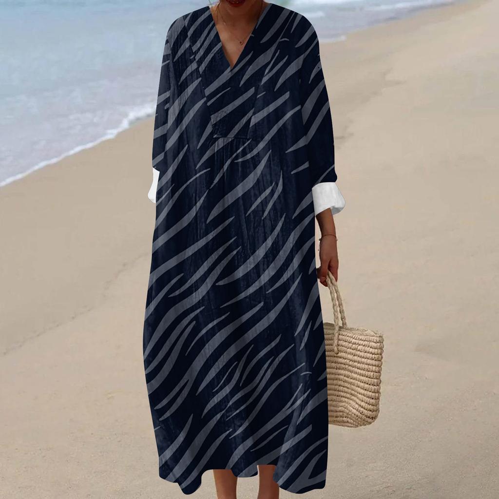 Women's Casual Fashion V-Neck Long Sleeve Floral Print Maxi Dress