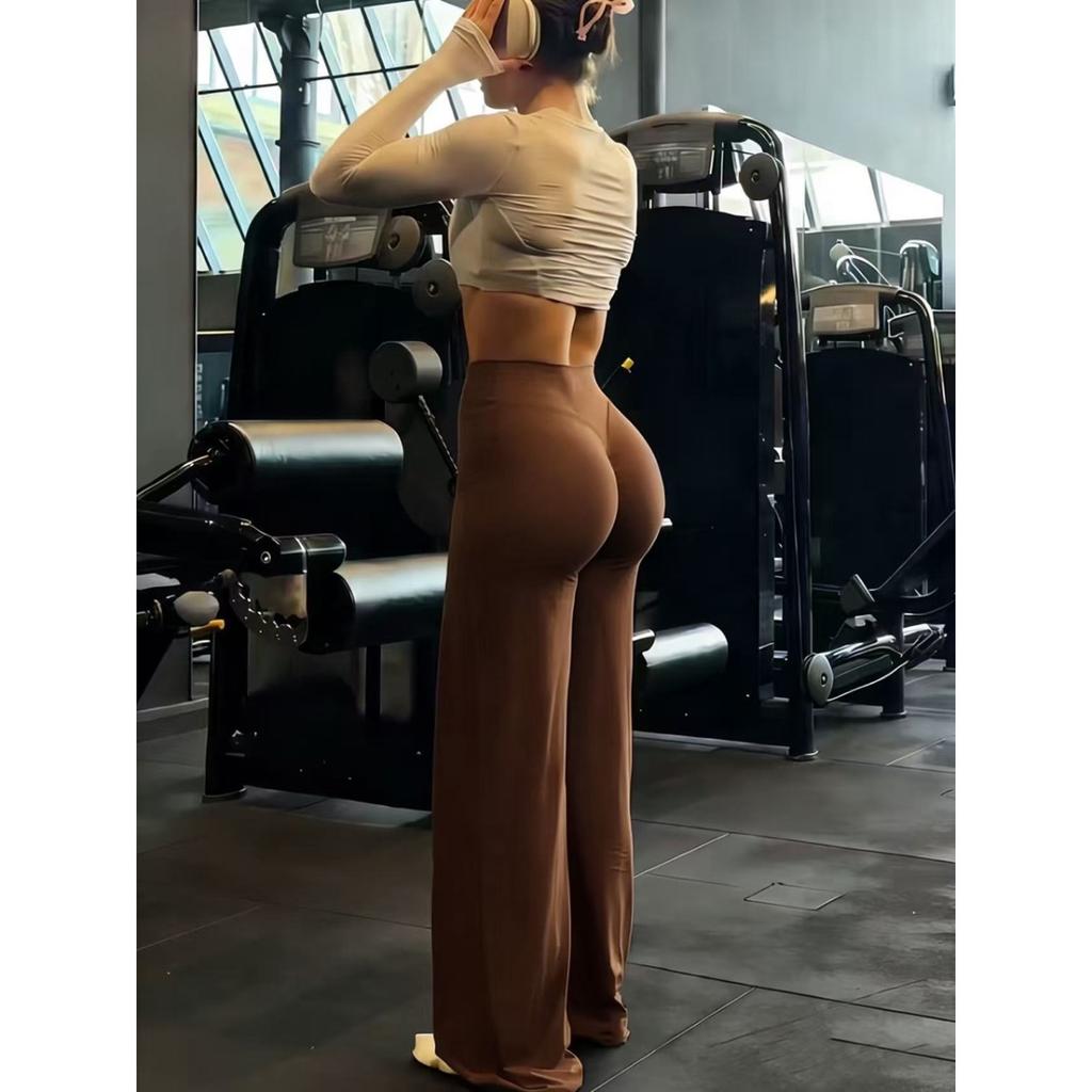 Ladies High-Waisted Wide-Leg Yoga Pants Solid Color Elastic Waistband Comfortable Fabric for Outdoor Fitness