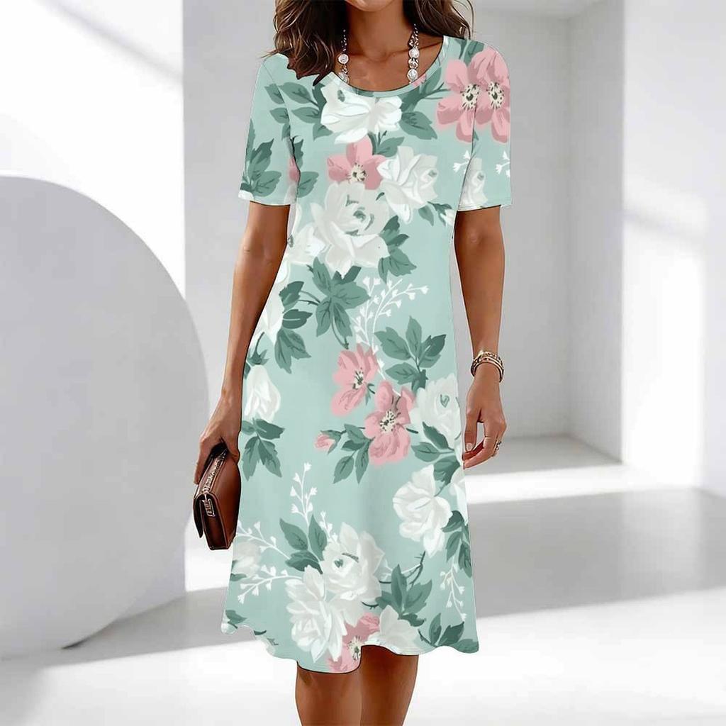 Women's Fashion Graceful Beautiful Flower Butterfly Print Summer Spring Short Sleeve O-Neck Casual Dresses