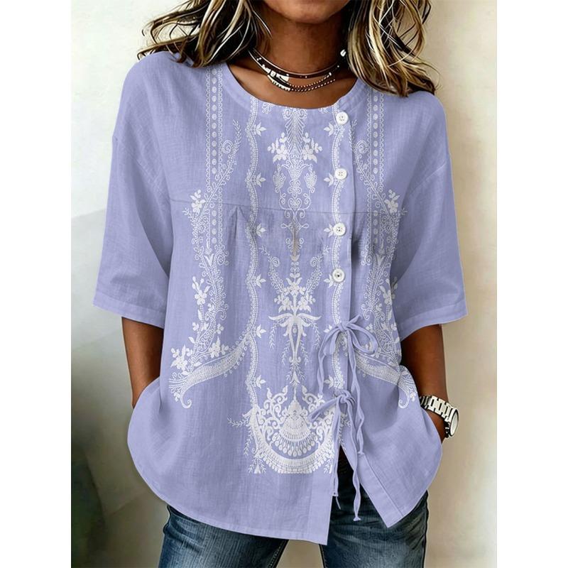 Women's Ethnic Geometric Print Casual Blouse, Button Tie Front Loose Top with Pockets for Spring Summer Daily Wear