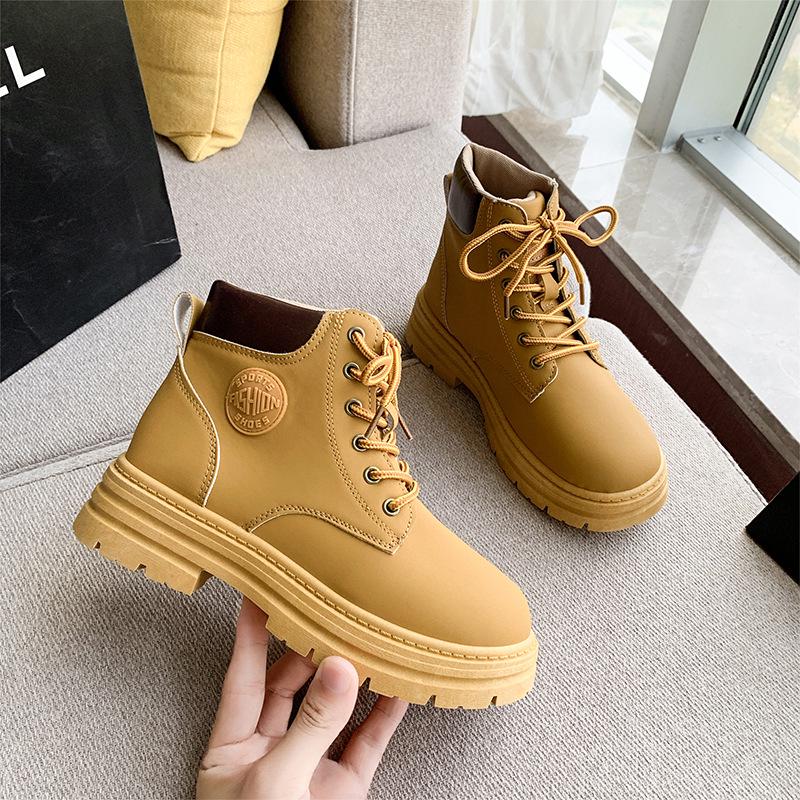 

Women s 2025 British Style Waterproof Non-Slip Leather High-Top Work Boots 38 жовтий