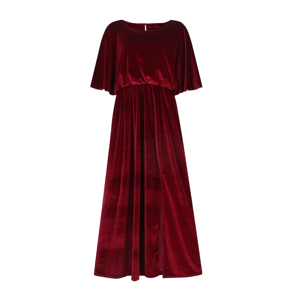 Women's Fashion Casual Solid Velvet Leaf Sleeves Split Waist Dress For Women