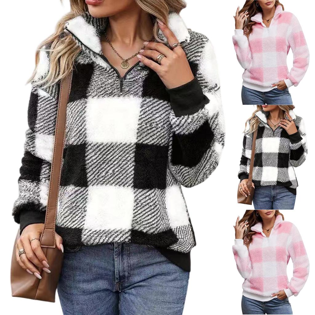Women's Fashion Casual V-neck Zipper Solid Color Long Sleeve Pullover Top