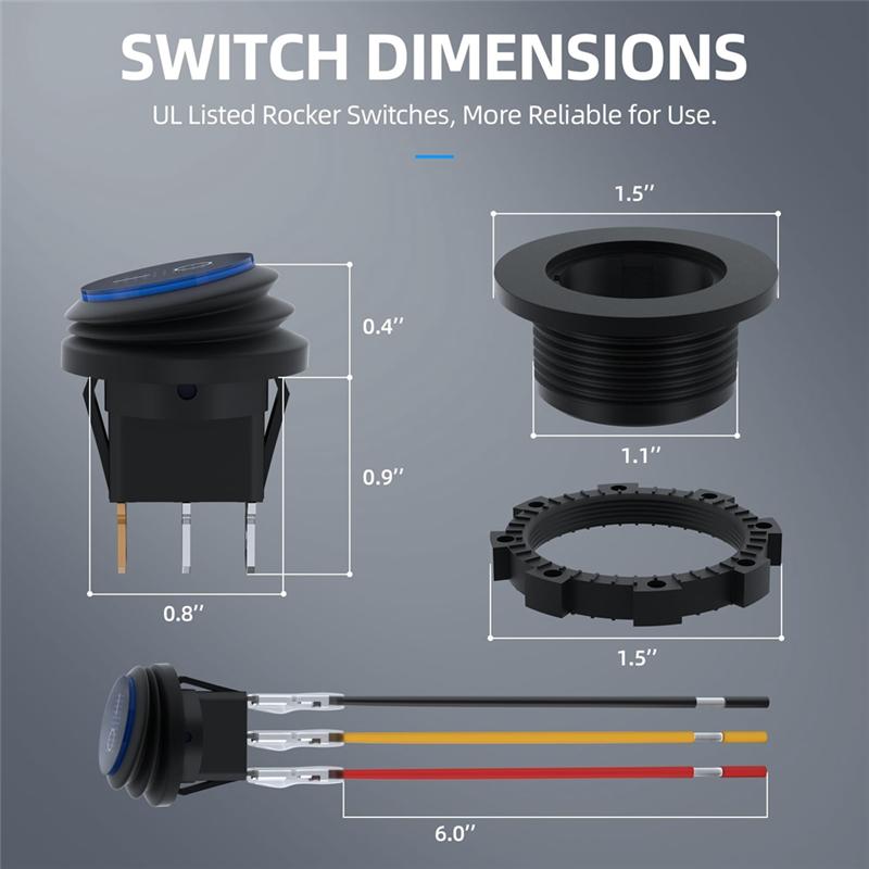 Round Rocker Switch 12V 20A UL Listed Waterproof Marine Round Toggle Switch LED Lighted On Off Switch Heavy Duty 3 Color-A87Q