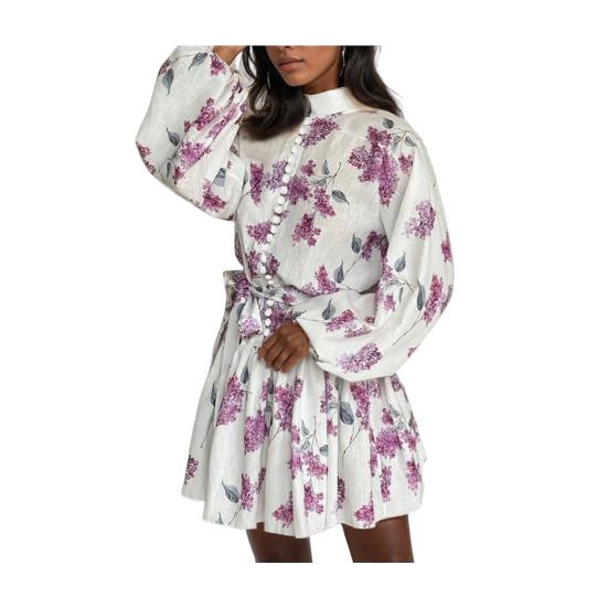 Women's Fall Floral Mini Dress Long Sleeve Button Down A-line Swing Dress Stand Collar Short Dress with Belt