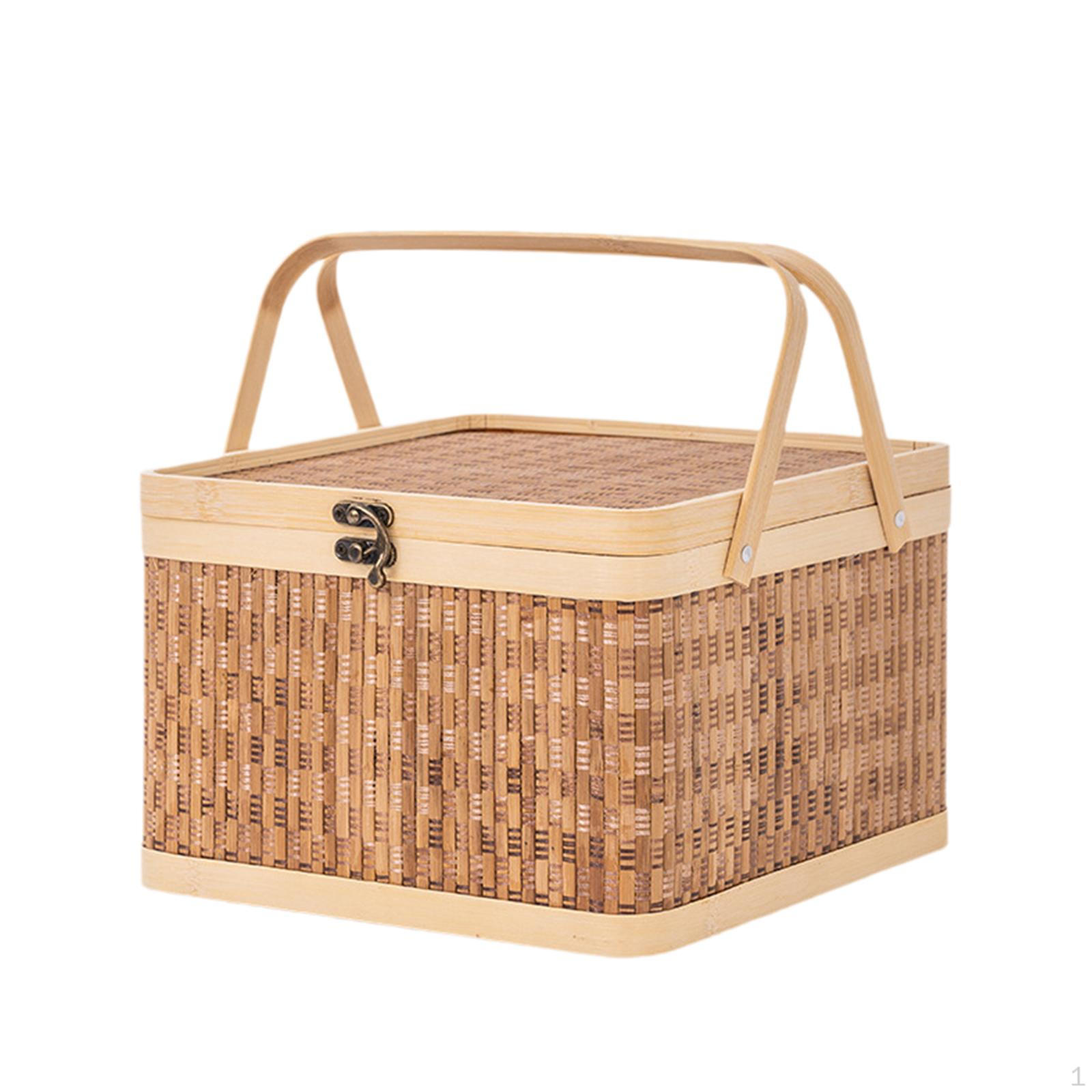 

Bamboo Basket Woven Picnic Portable with Lid and Handle for Cake Mooncake square