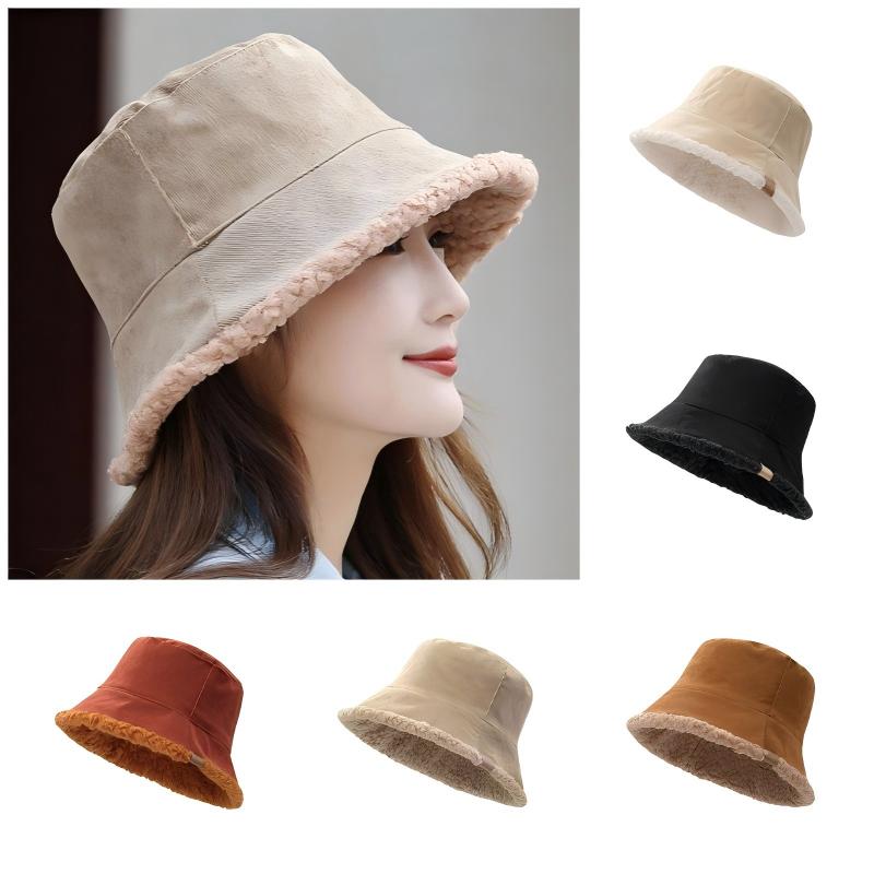 Autumn and Winter Hats for Women Korean Bucket Hat Warm and Thickened Reversible Lamb Wool Cloche Hat for Men Street Style