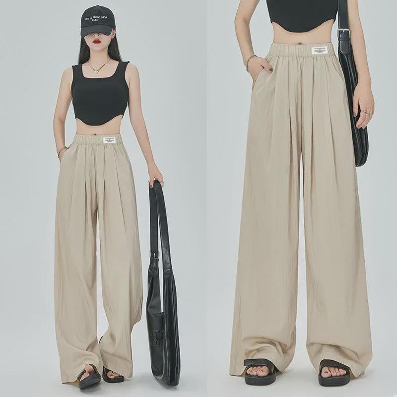 Letnie damskie spodnie z wysokim stanem, plisowane, szerokie nogawki - Slim, Wszechstronne, Styl casual