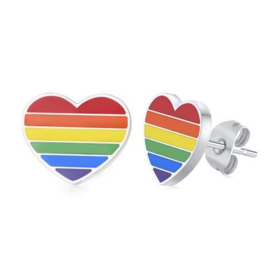 Rainbow Pride Lesbian Gay LGBT Stainless Steel Epoxy Heart Stud Earrings