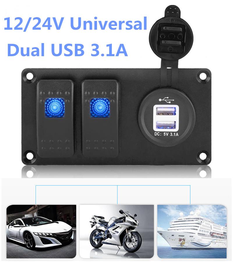 2-Gang Blue LED Rocker Switch Panel Circuit Breaker Dual USB Charger Car Truck