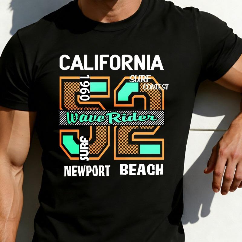 

European sizes Men S Graphic T-Shirt - Breathable Soft Lightweight - California Surf Contest Wave Rider Newport Beach - Retro Casual Short Sleeve S чёрный