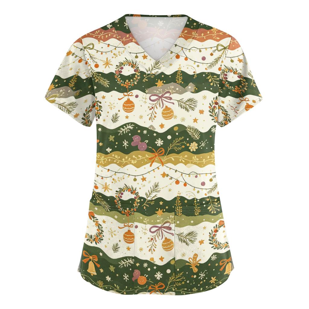 Dame Juleprint V-hals Kortærmet Scrub Top med Lommer Plejer Uniform